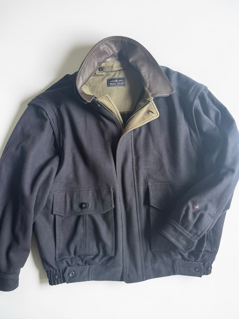 Vintage Bison Club Leather Collar Wool Blend Barn Jacket XL
